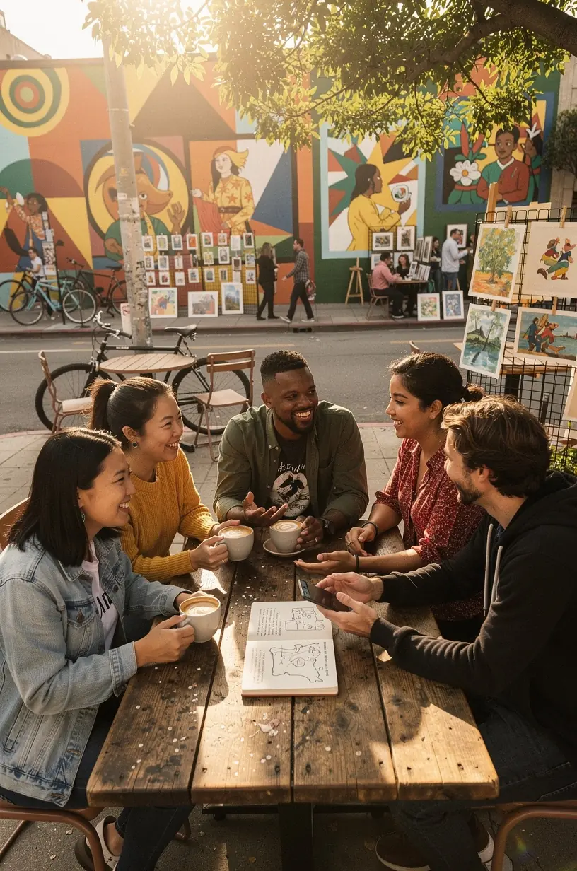 Group of travelers discussing etiquette for shared trips.