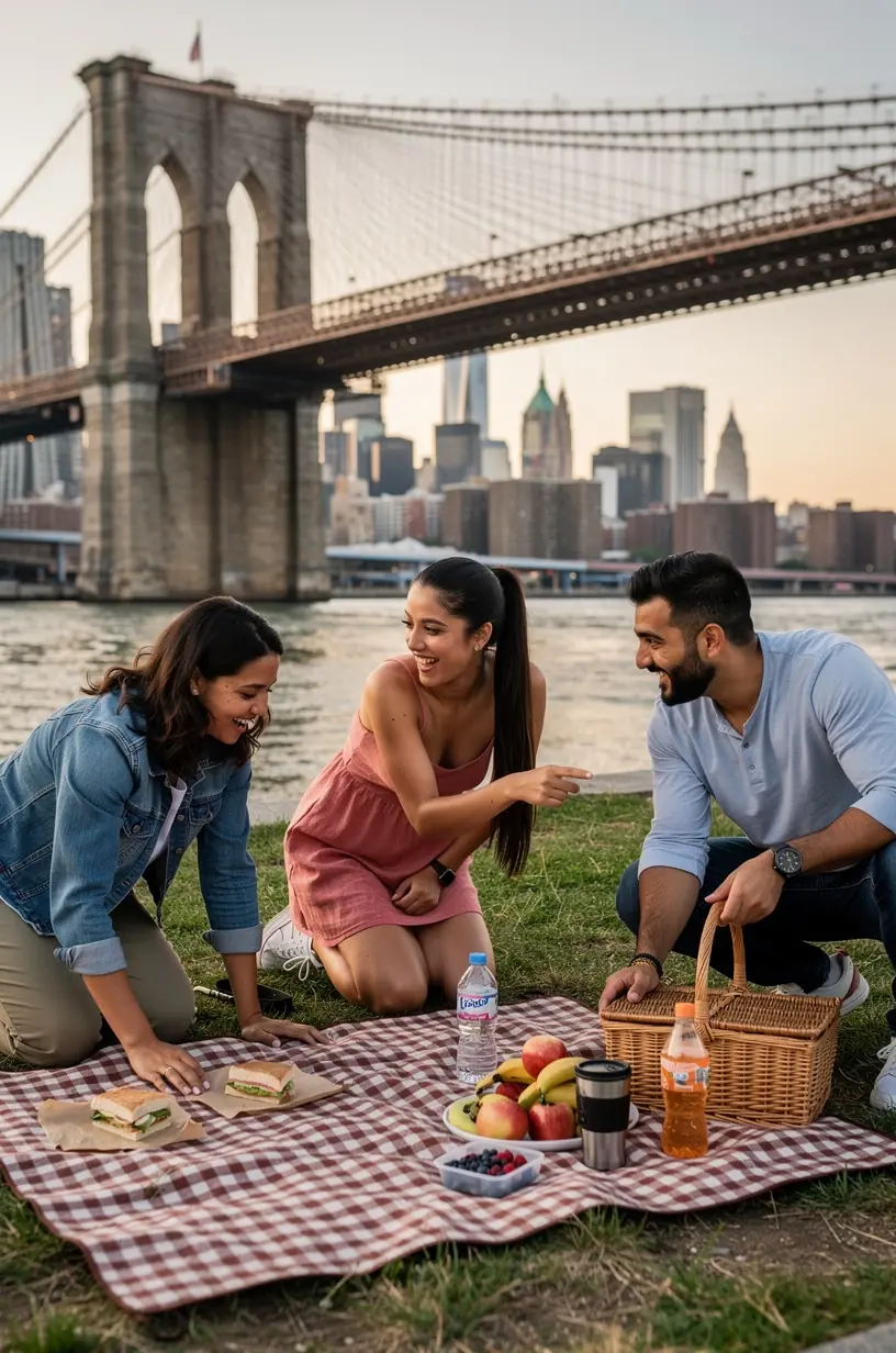 Group of travelers enjoying a meetup in nature